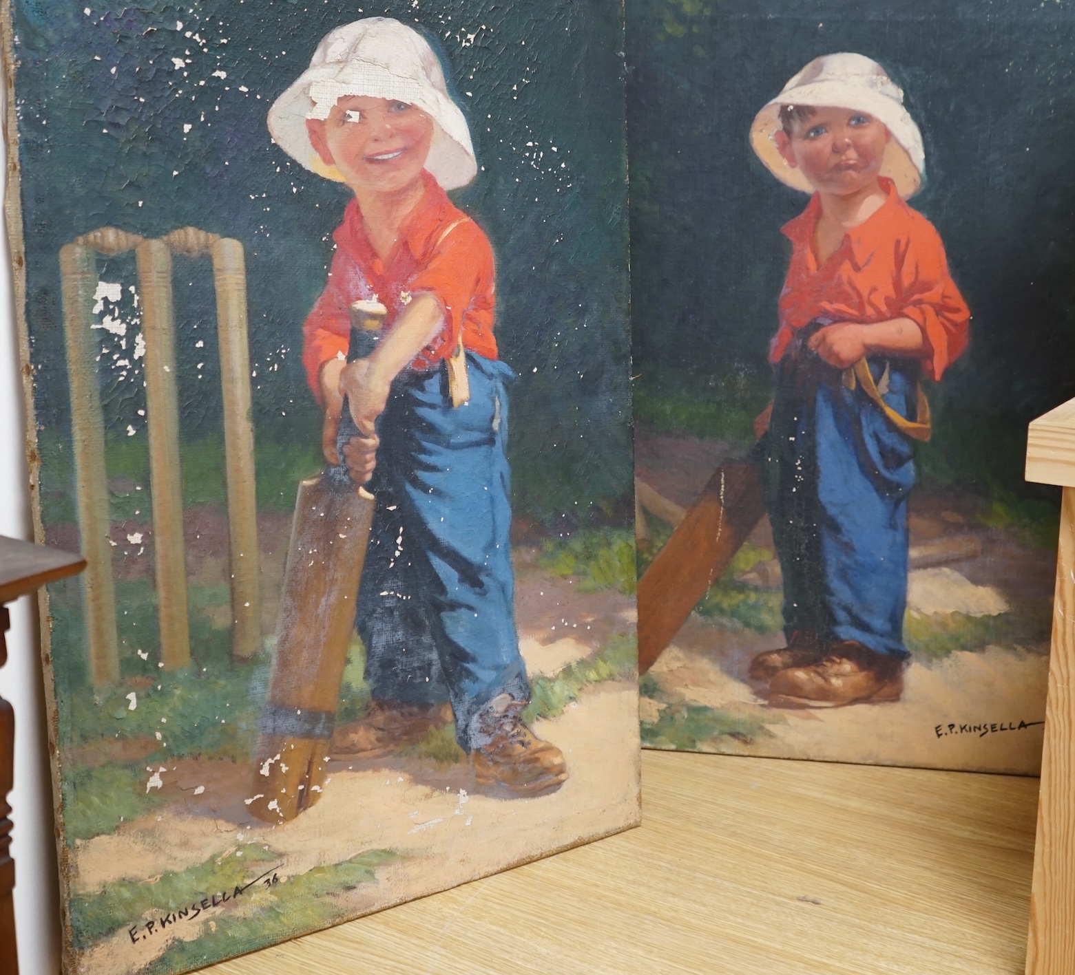 After Edward Patrick Kinsella (1894-1936), pair of oils on canvas, 'The Hope on His Side' and 'Out First Ball', signed and dated '36, 84 x 57cm, unframed. Condition - poor